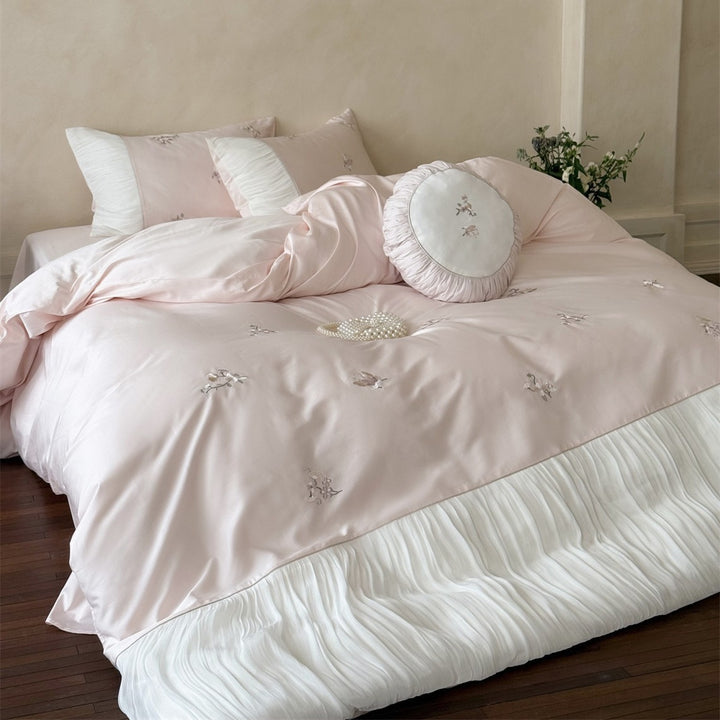 Embroidered Romantic Pleated Cotton-Sateen Duvet Cover Set