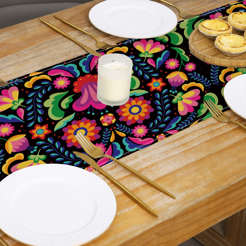 Folk Floral Table Runner Cotton-Blend Decorative Table Linen