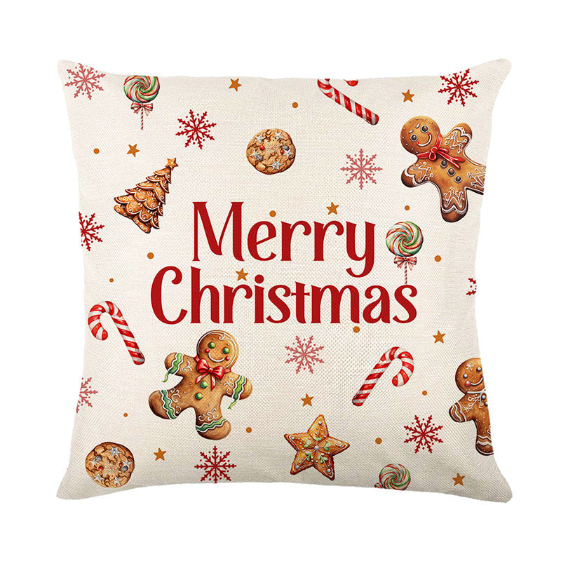 Festive Christmas Linen-Texture Square Cushion Cover with Merry Christmas Gingerbread Pattern