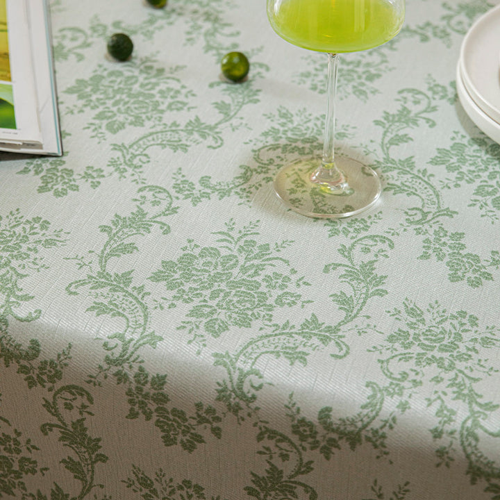 Rectangular jacquard-woven tablecloth with floral damask look and reinforced hem edge Stornfield