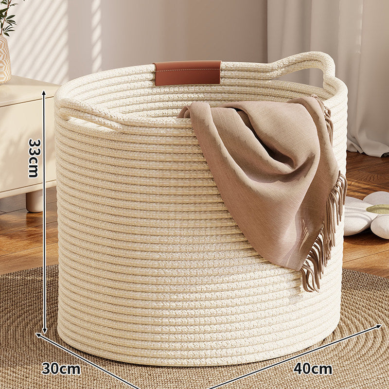 Braided Cotton Rope Round Storage Basket with Reinforced Leather Patch Handles