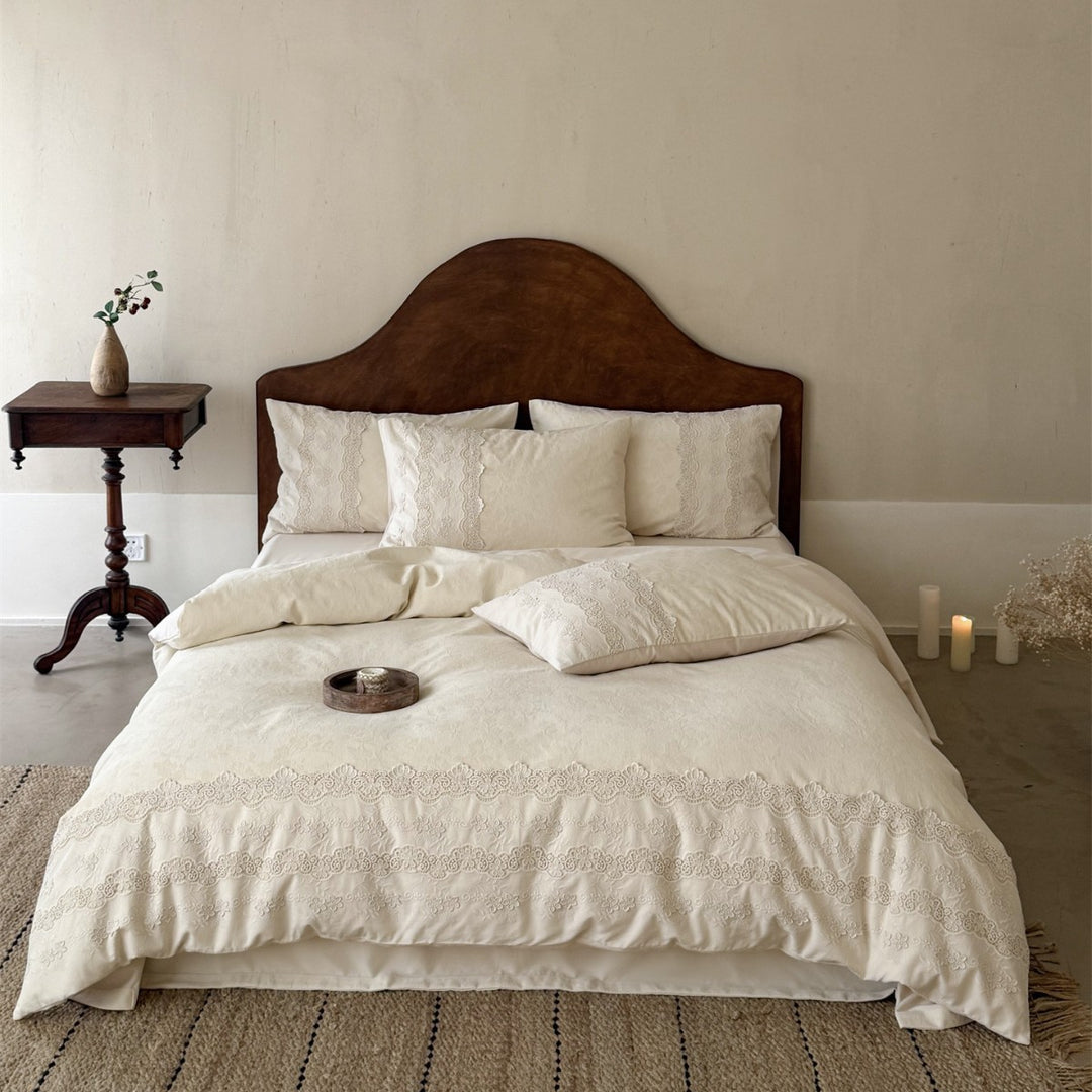 Hand-stitched Floral Jacquard Cotton Duvet Cover Set with Lace Border