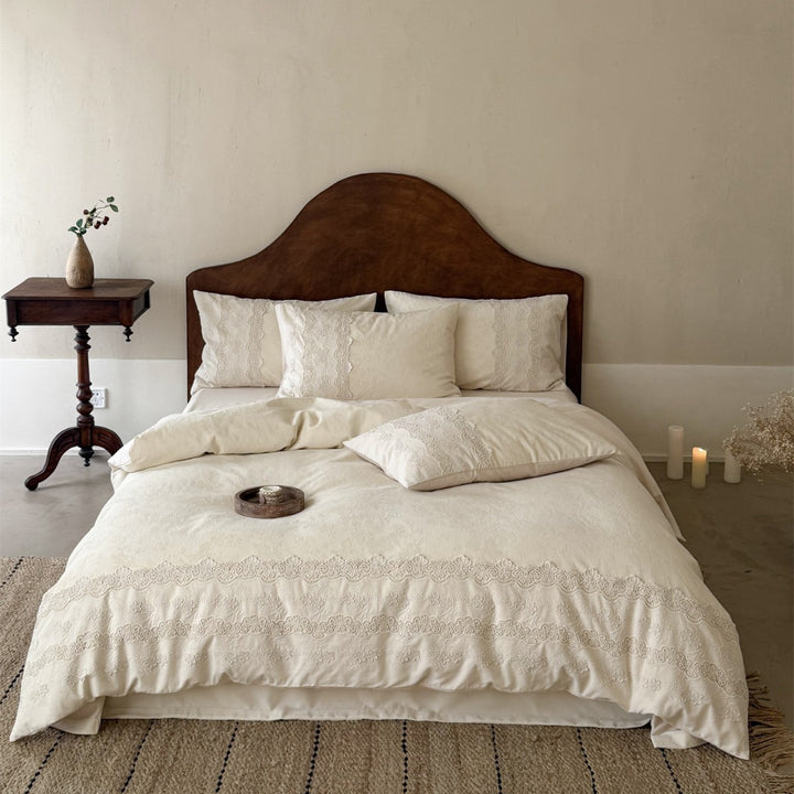 Hand-stitched Floral Jacquard Cotton Duvet Cover Set with Lace Border