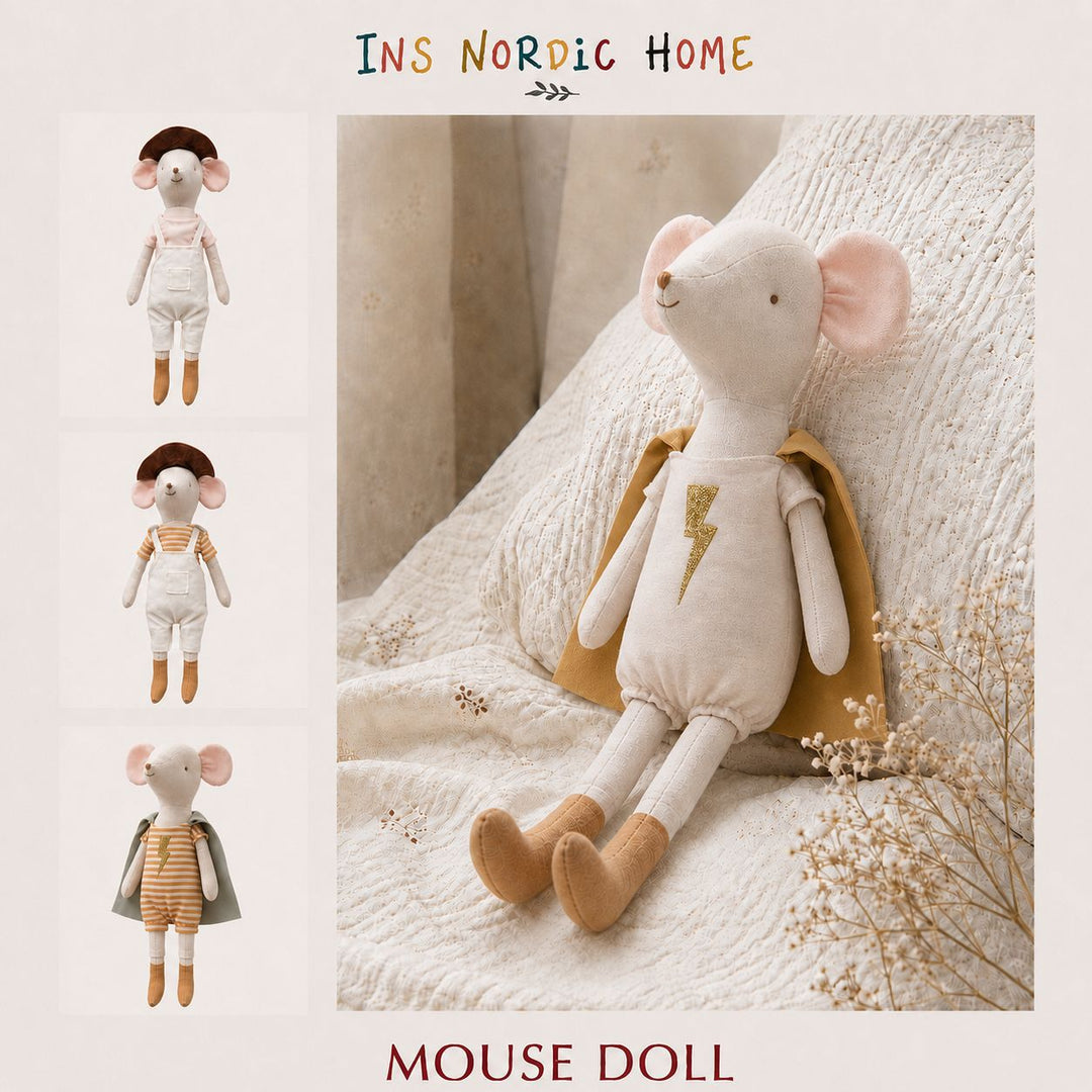Handcrafted Long-Legged Linen Mouse Plush Doll with Striped Romper