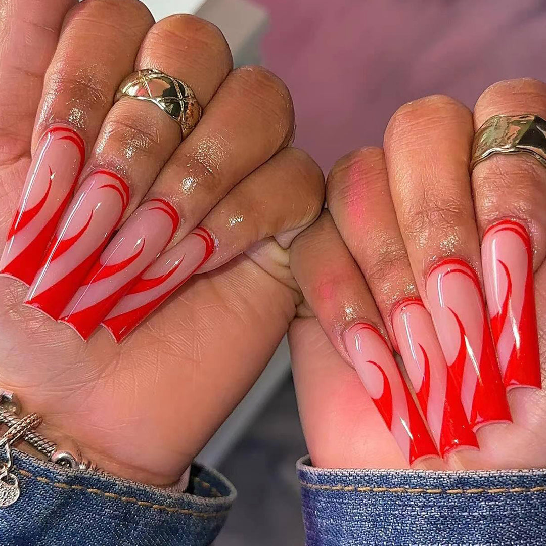 Artful nail extensions with fire pattern Stornfield