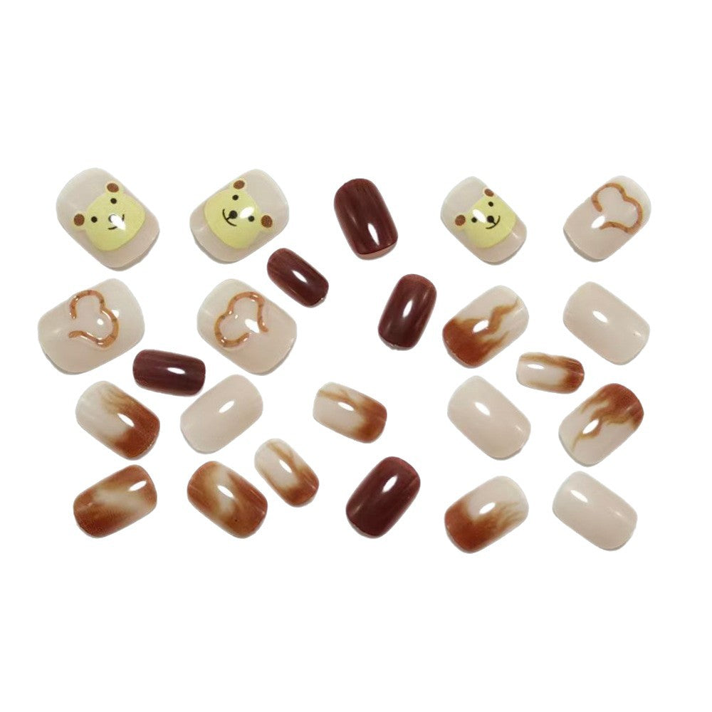 Artificial nails with cute bear design and marbled pattern Stornfield