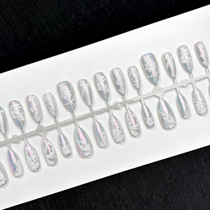 Press-On Nail Art Collection with Holographic Lace Design