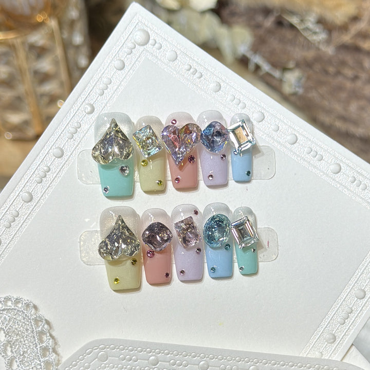 Artistic Press-On Nail Set with Gemstone Embellishments Stornfield