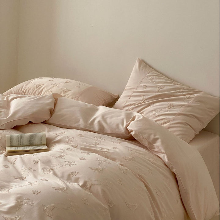 Romantic cotton satin bedding with embroidered butterfly and floral relief