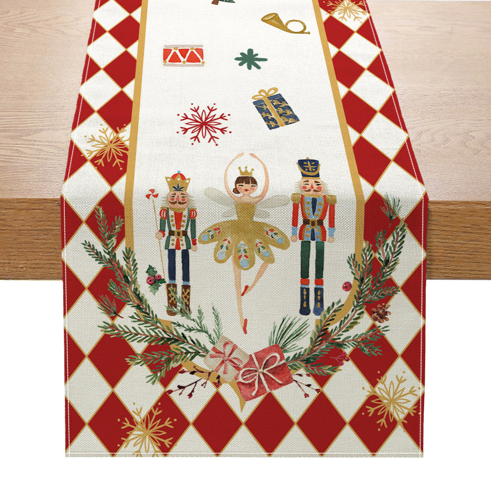 Festive Buffalo Check Cotton-Linen Table Runner with Merry Christmas Pine Design