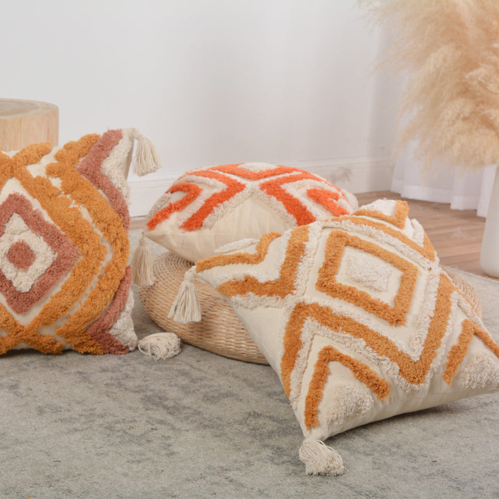 Hand-Tufted Geometric Accent Pillow Cover and Insert Set with Braided Tassel Detail
