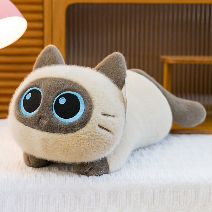 Plush Siamese Cat Long Bolster Body Pillow with Embroidered Eyes and Ultra-Soft Faux Fur Stornfield
