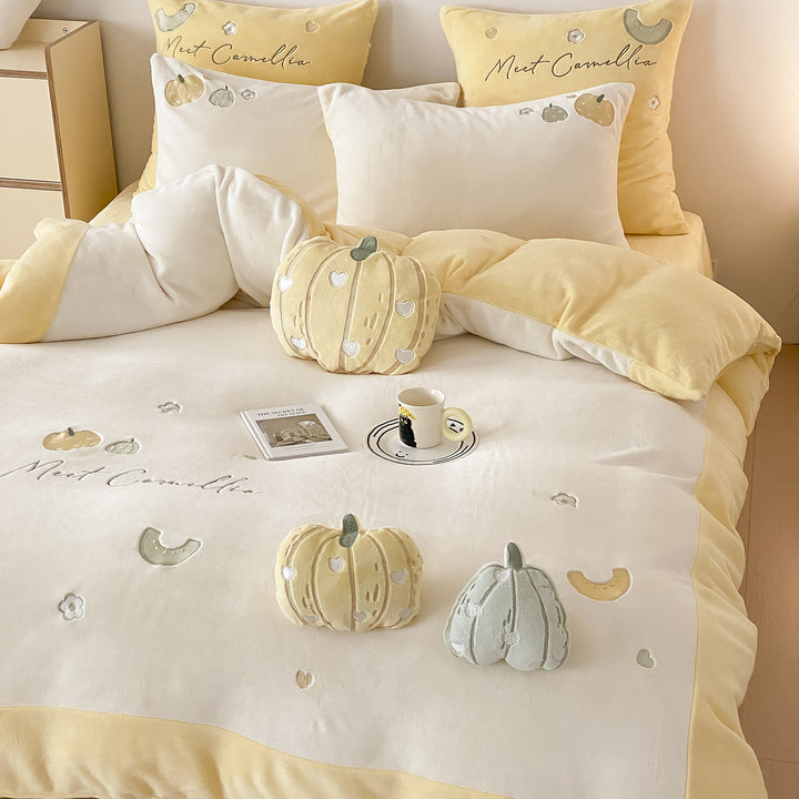 Velvet-Feel Pumpkin Embroidered Duvet Cover & Sham Set