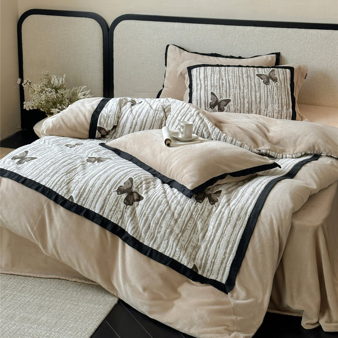 Quilted Velvet Duvet Cover Set with Embroidered Butterfly and Piped Edges
