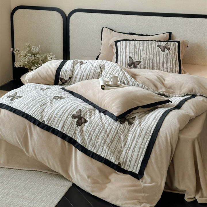 Quilted Velvet Duvet Cover Set with Embroidered Butterfly and Piped Edges