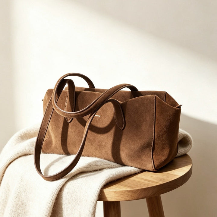 Suede Elongated Rectangular Shoulder Tote with Long Double Straps