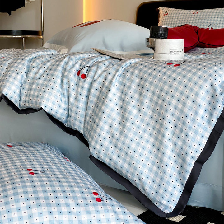 Bedding set made of cotton satin with mini check, embroidered cherries and piped edge