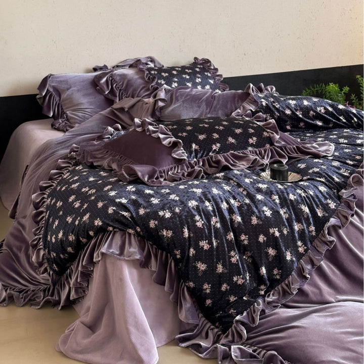 Ruffled Velvet Floral Quilted Duvet Cover Set