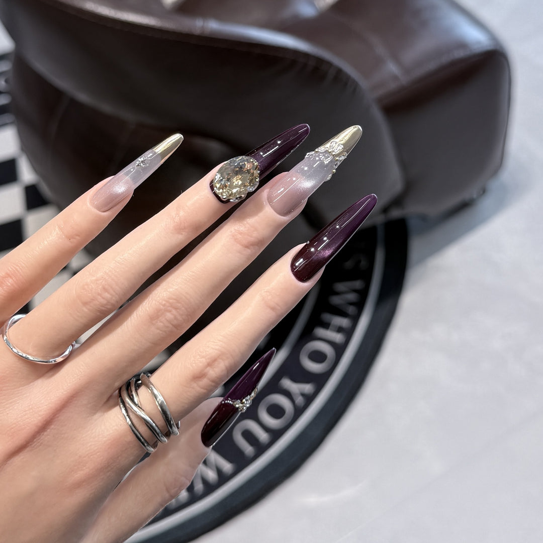 Elegant Stiletto Press-On Nail Set with Decorative Jewel Accents Stornfield
