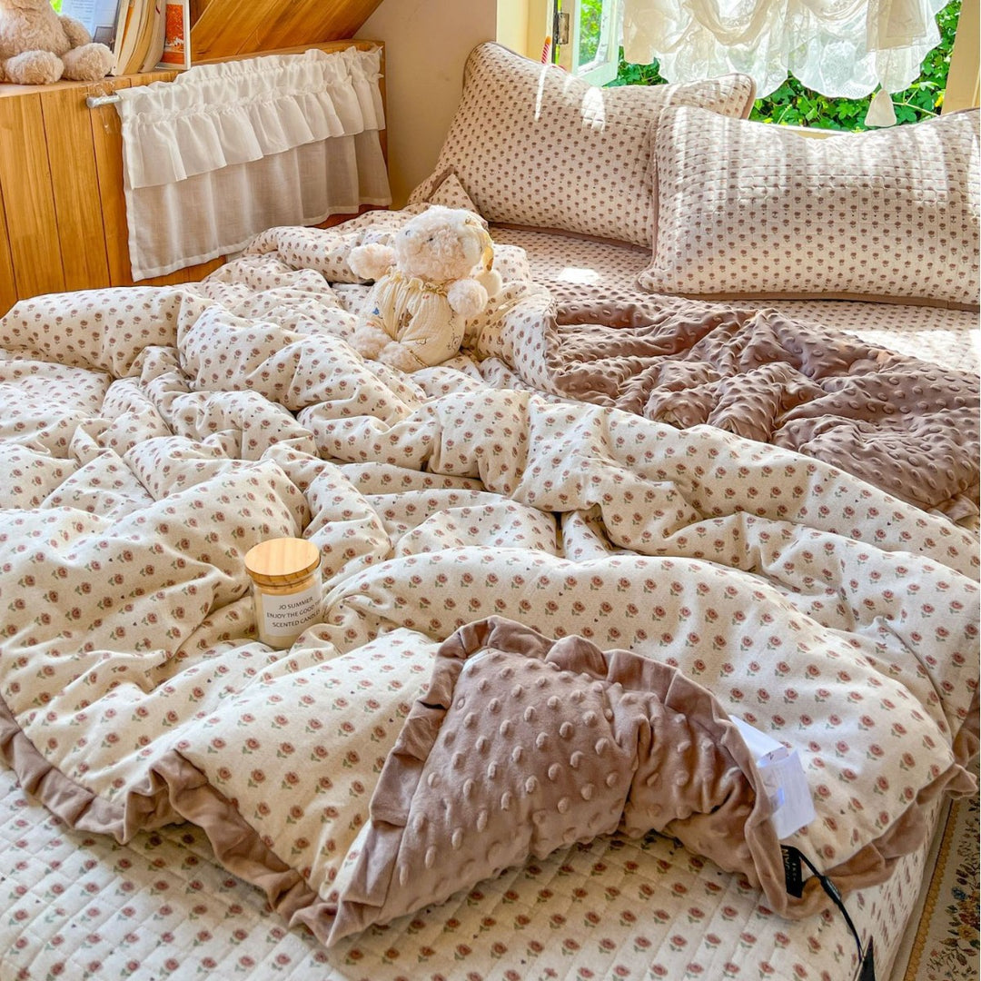 Children's Quilted Reversible Minky-Back Duvet Comforter Set with Ruffled Edge