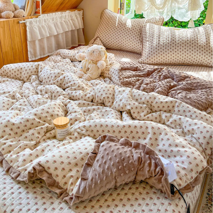 Children's Quilted Reversible Minky-Back Duvet Comforter Set with Ruffled Edge