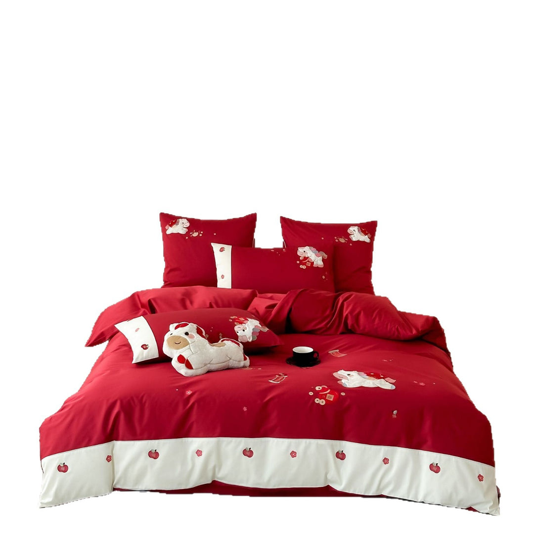 Embroidered Cartoon Puppy Cotton Duvet Cover Set with Contrast Border