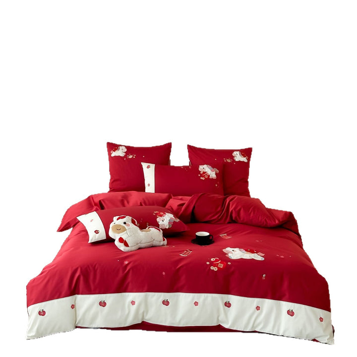 Embroidered Cartoon Puppy Cotton Duvet Cover Set with Contrast Border