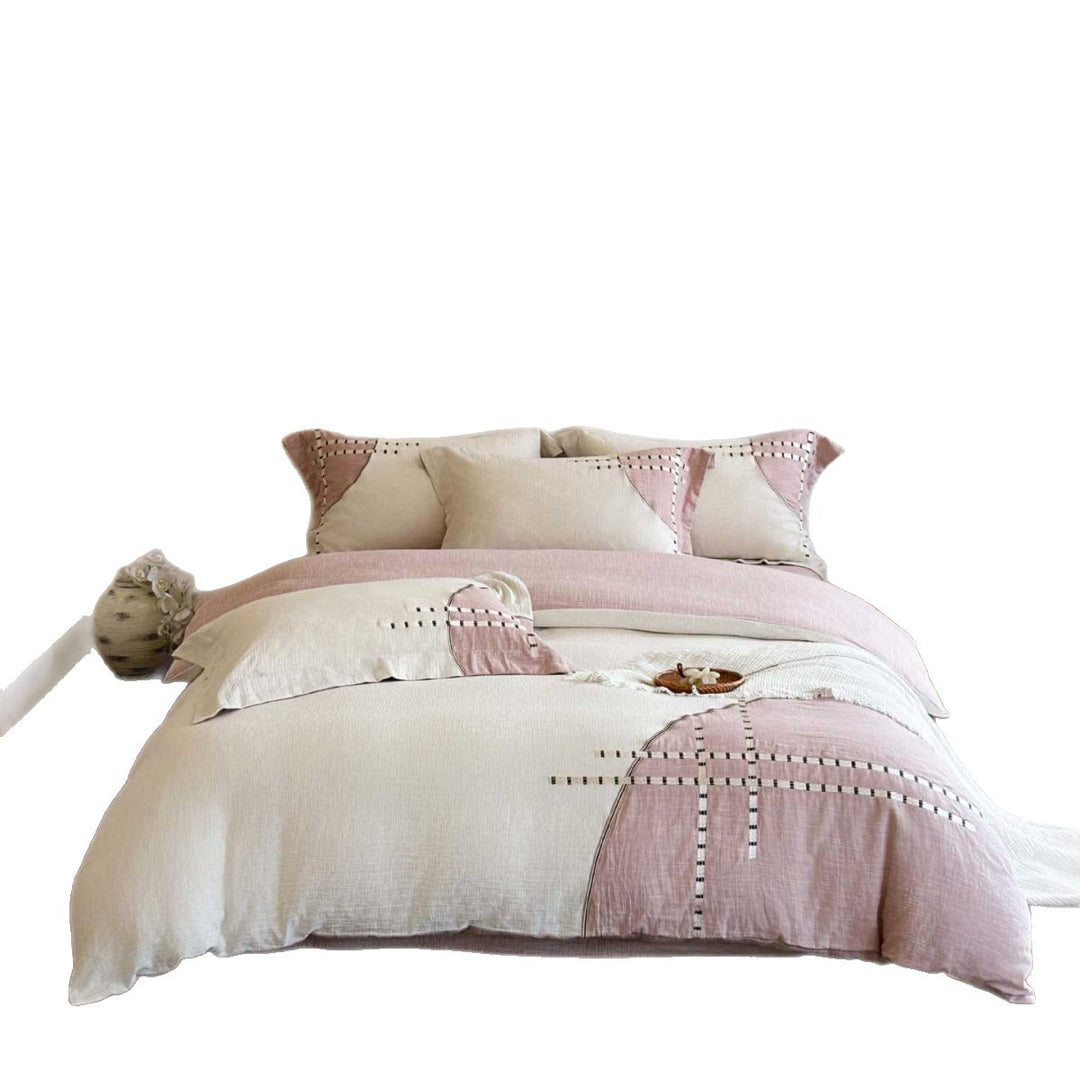 Cotton-Linen Textured Reversible Duvet Cover Set with Patchwork Stitch Detail