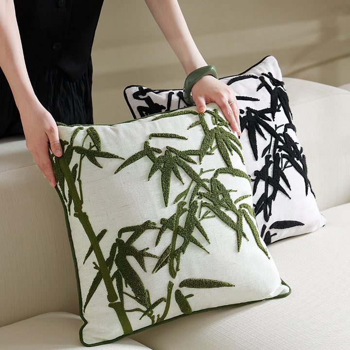 Square decorative cushion with hand-tufted bamboo relief and decorative piping