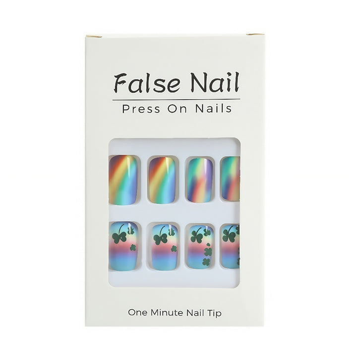 Artificial nails with colorful rainbow and clover leaf designs Stornfield