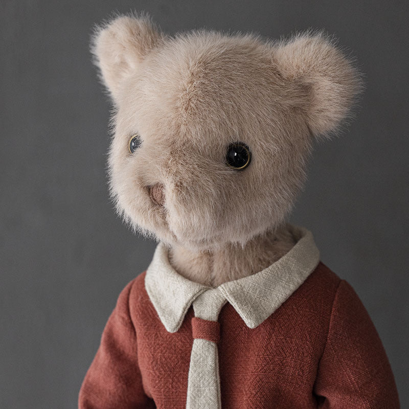 Handcrafted Plush Teddy Bear with Linen Dress and Embroidered Features