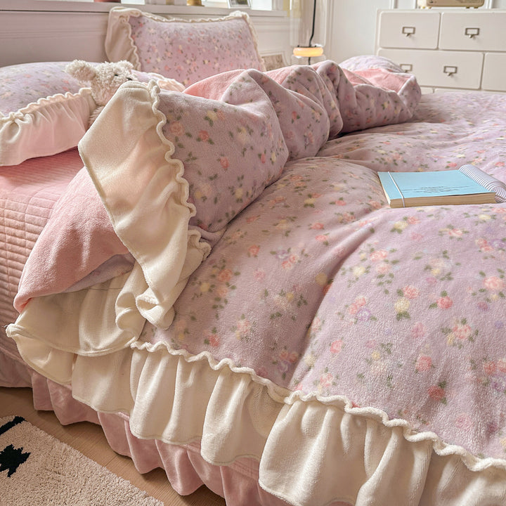 Reversible Plush Floral Comforter Set with Ruffled Skirt and Matching Pillow Shams