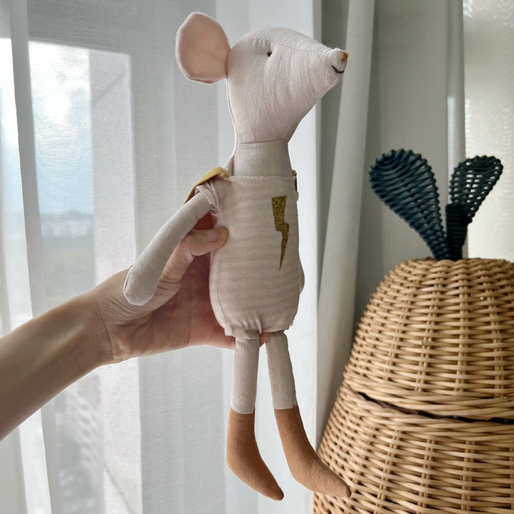 Handcrafted Long-Legged Linen Mouse Plush Doll with Striped Romper