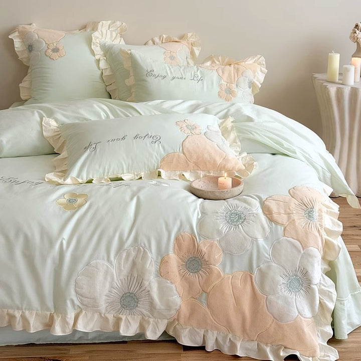 Floral Appliqué Ruffled Cotton Sateen Duvet Cover Set with Decorative Pillow Shams
