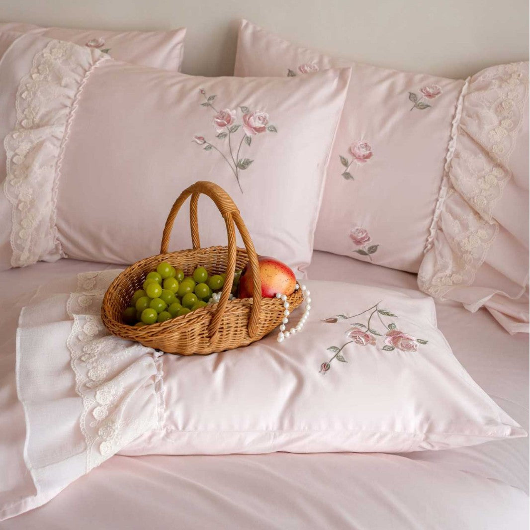 Ruffled Embroidered Cotton Sateen Duvet Cover Set with Layered Bedskirt & Lace-Trim Pillow Shams