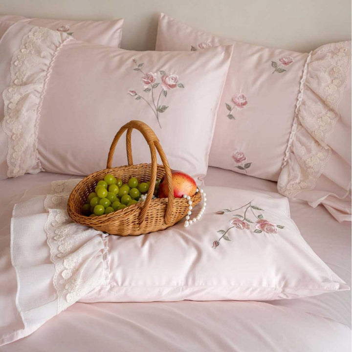 Ruffled Embroidered Cotton Sateen Duvet Cover Set with Layered Bedskirt & Lace-Trim Pillow Shams