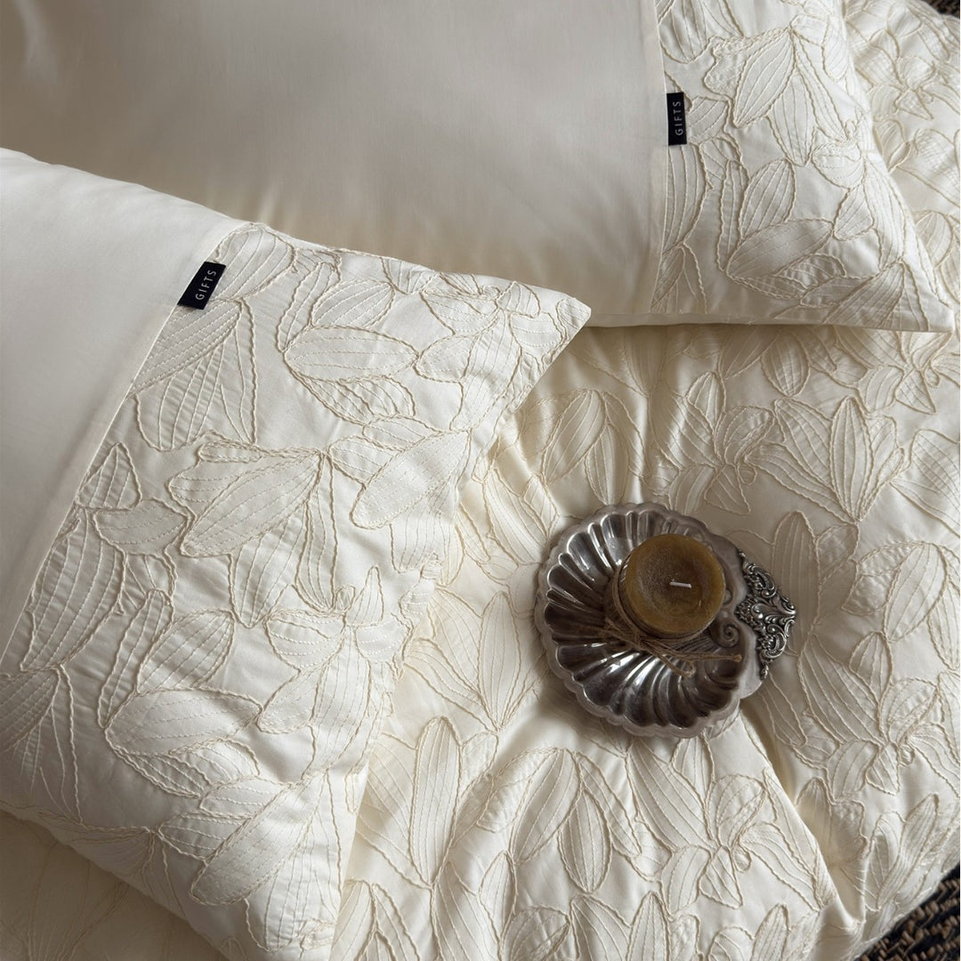 Quilted Botanical Embroidered Cotton Sateen Duvet Cover Set with Textured Appliqué and Envelope Shams