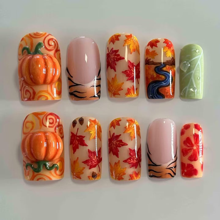 Artificial nail set with autumn motifs and creative 3D elements Stornfield