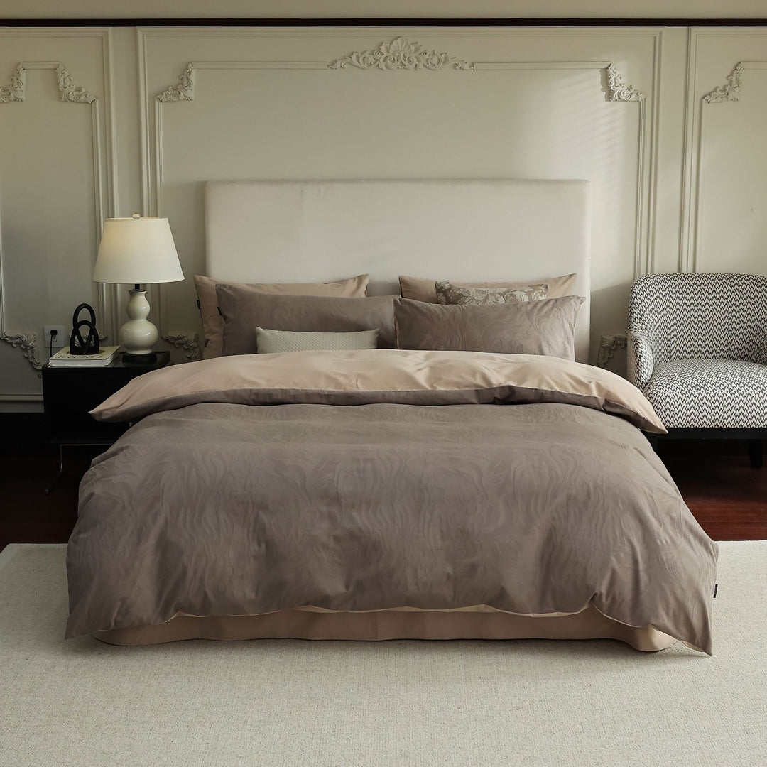 Luxurious year-round bedding set made from skin-friendly cotton blend with subtle wave texture and concealed hotel closure