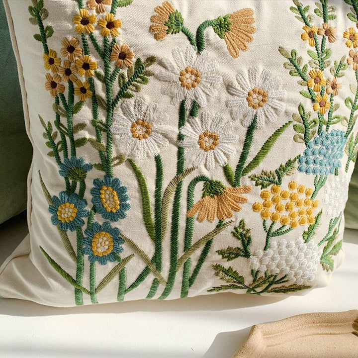 Square cushion cover with hand-embroidered wildflower relief, linen-cotton blend and concealed zipper Stornfield