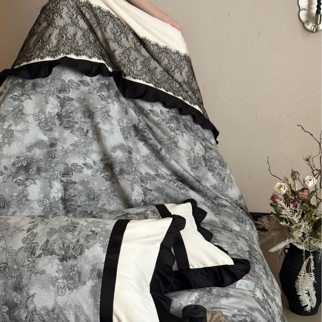 Elegant Satin-Blend Duvet Cover Set with Ruffle Trim, Lace Appliqué Band & Reversible Botanical Print Pillow Shams