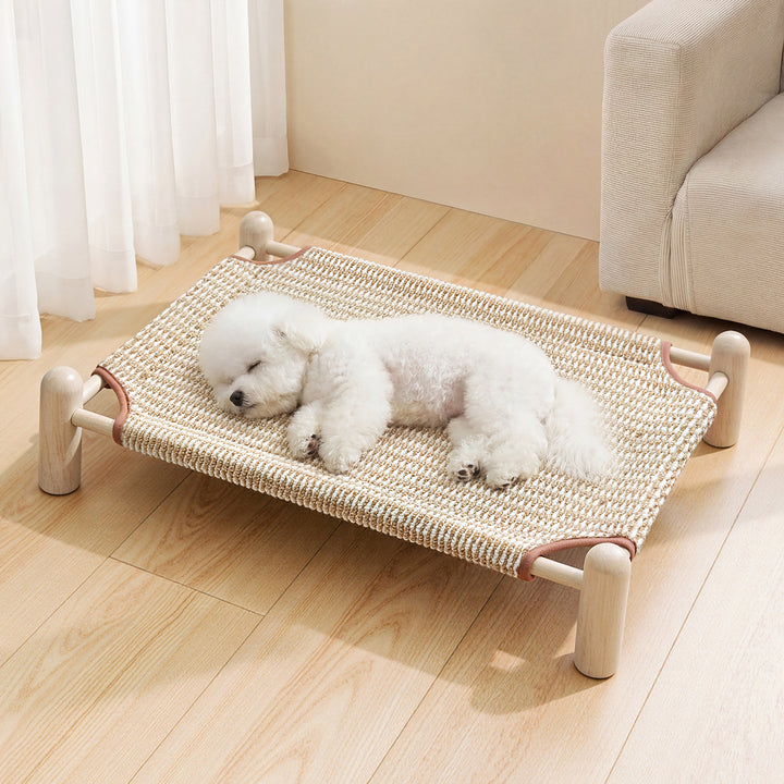 Unisex nan raised wooden pet bed with breathable, woven cover Stornfield