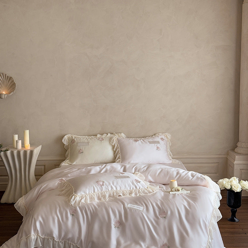 Reversible Cotton-Sateen Rose Embroidered Ruffled Duvet Cover Set with Frilled Pillow Shams and Hidden Closure