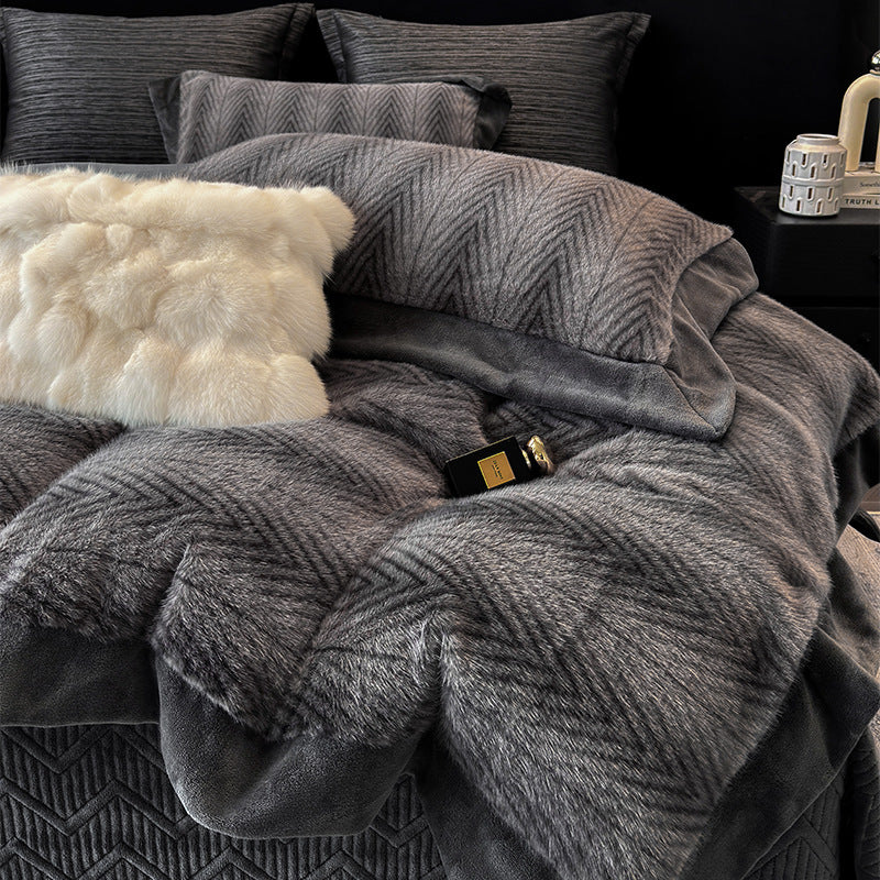 Plush Reversible Faux Fur Comforter with Chevron Quilted Microfleece Backing