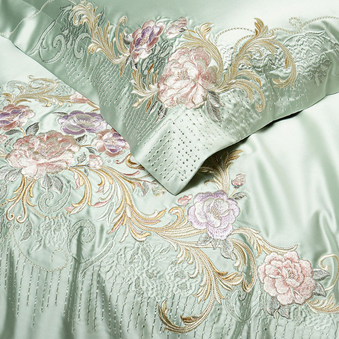 Silk-Look Botanical Embroidered Duvet Cover Ensemble with Decorative Pillow and Euro Shams