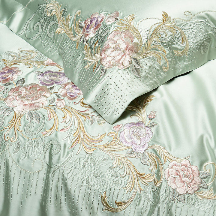 Silk-Look Botanical Embroidered Duvet Cover Ensemble with Decorative Pillow and Euro Shams