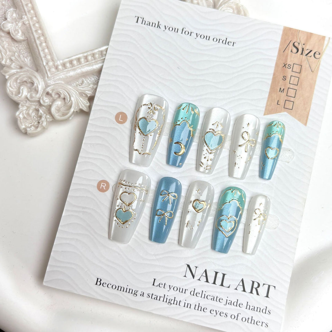 Decorative Press-On Nail Art Set with Elegant Heart and Bow Designs