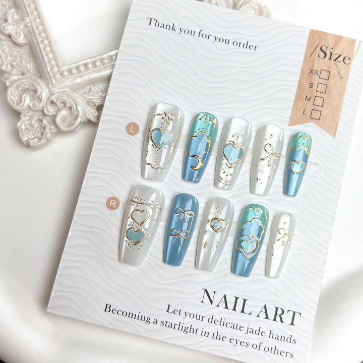 Decorative Press-On Nail Art Set with Elegant Heart and Bow Designs