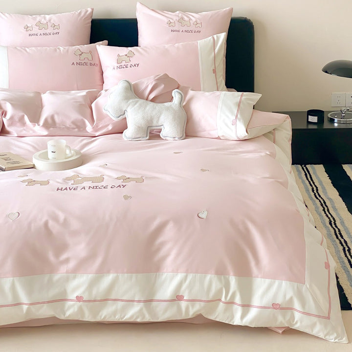 Cute Embroidered Dog Motif Cotton Sateen Duvet Cover Set with Heart Border and Pillow Shams