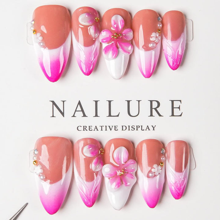 Floral Design Press-On Nail Set with Gem Accents